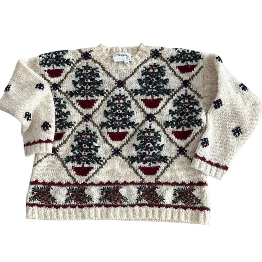 Talbots Wool Christmas Sweater Trees & Pinecones Petite PS